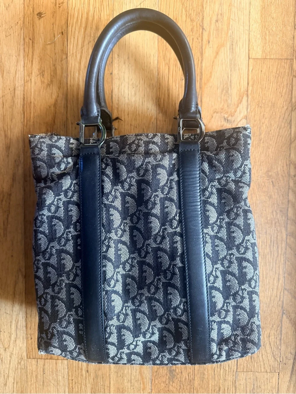 Dior Black and Gray Monogram Tote with calf leather Dark Blue Straps